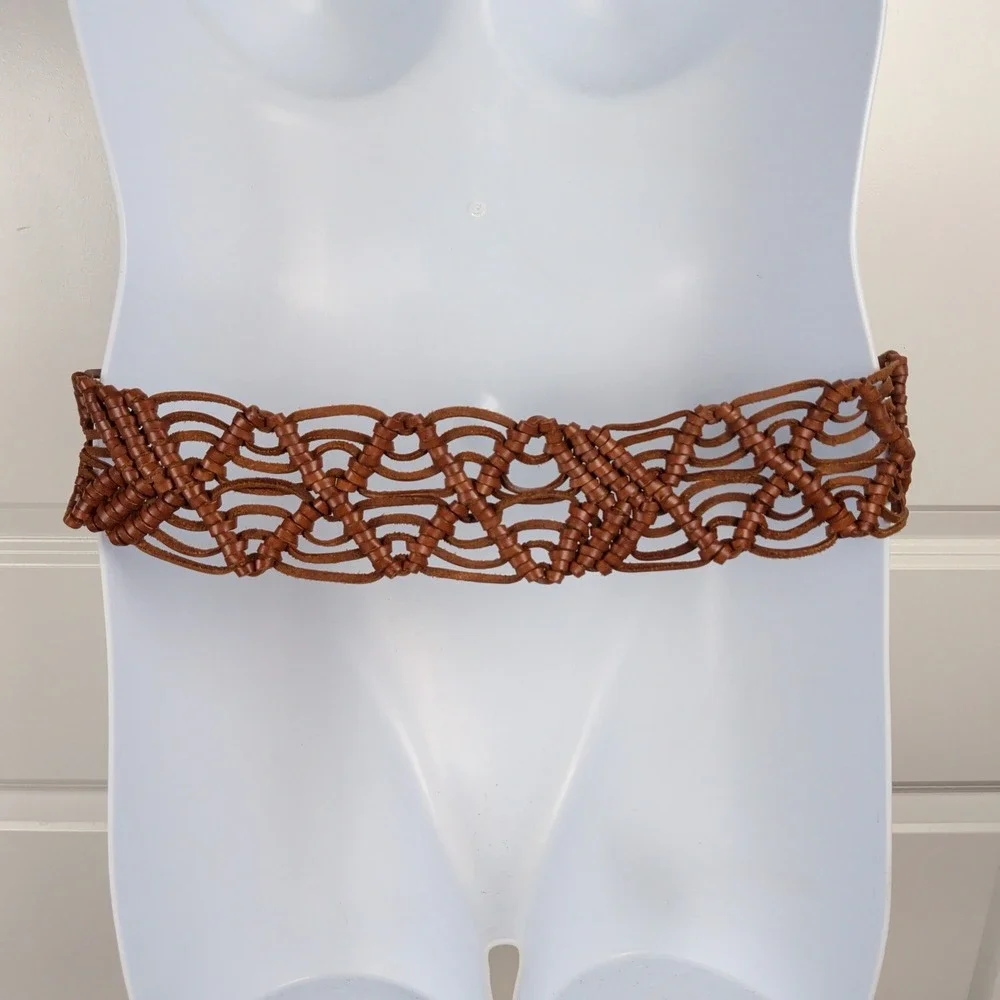 Vintage Y2K Woven Leather Macrame Fringe Belt Brown Boho Western O-Ring 2000s